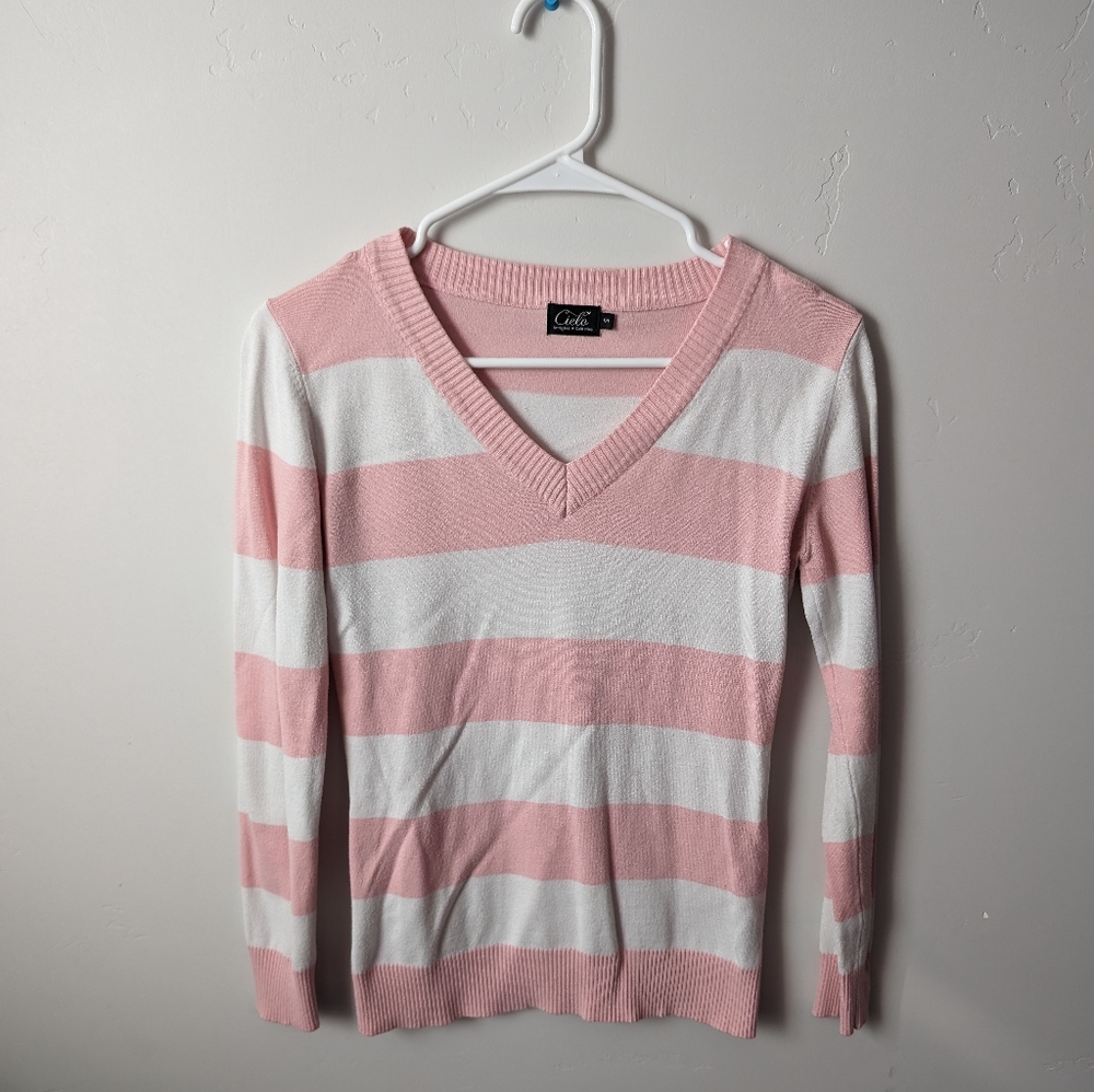 Pink/White V Neck Sweater